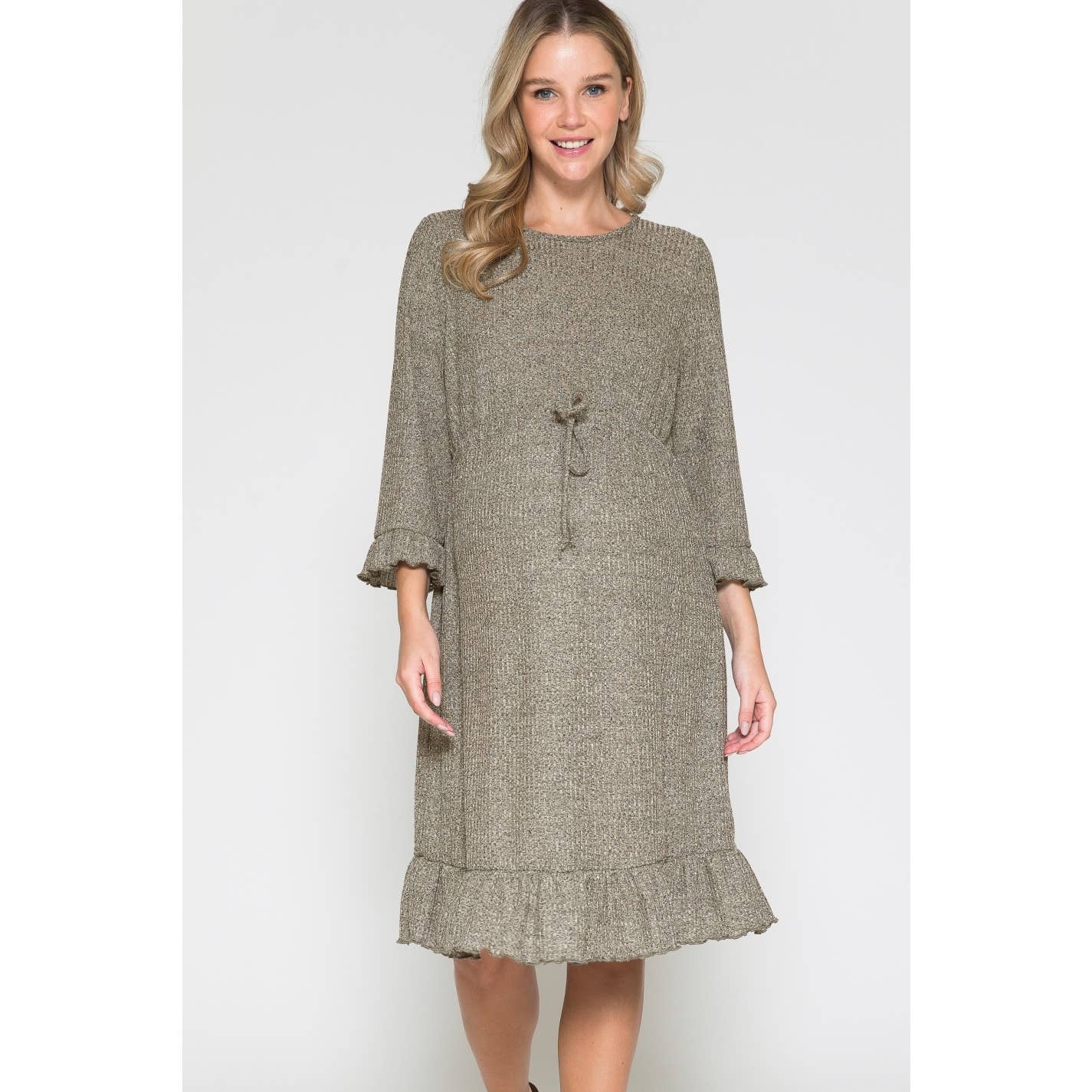 Story Teller - Women's Maternity Waist Tie Ruffle Sleeve Hem Midi Dress