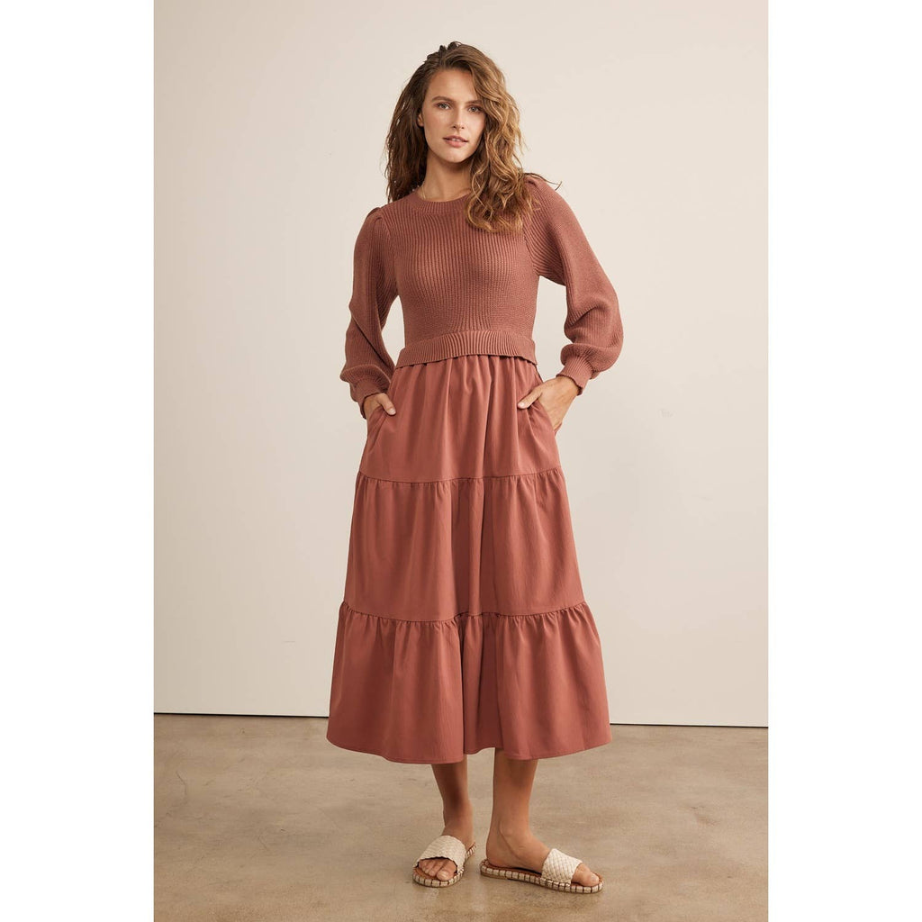 in february - SPECIAL MIXED MEDIA SWEATER MIDI DRESS WITH TIERED RUFFLES