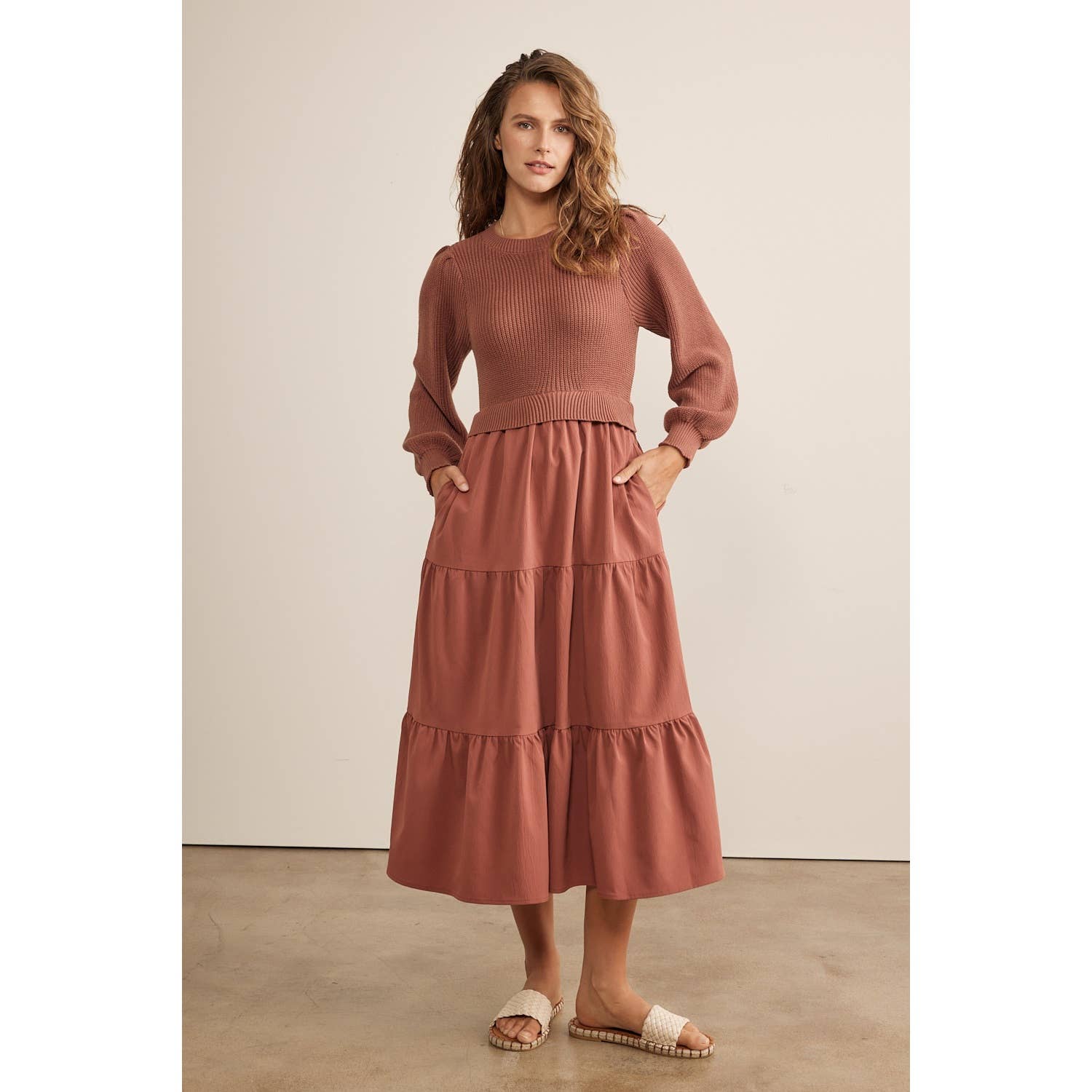 in february - SPECIAL MIXED MEDIA SWEATER MIDI DRESS WITH TIERED RUFFLES