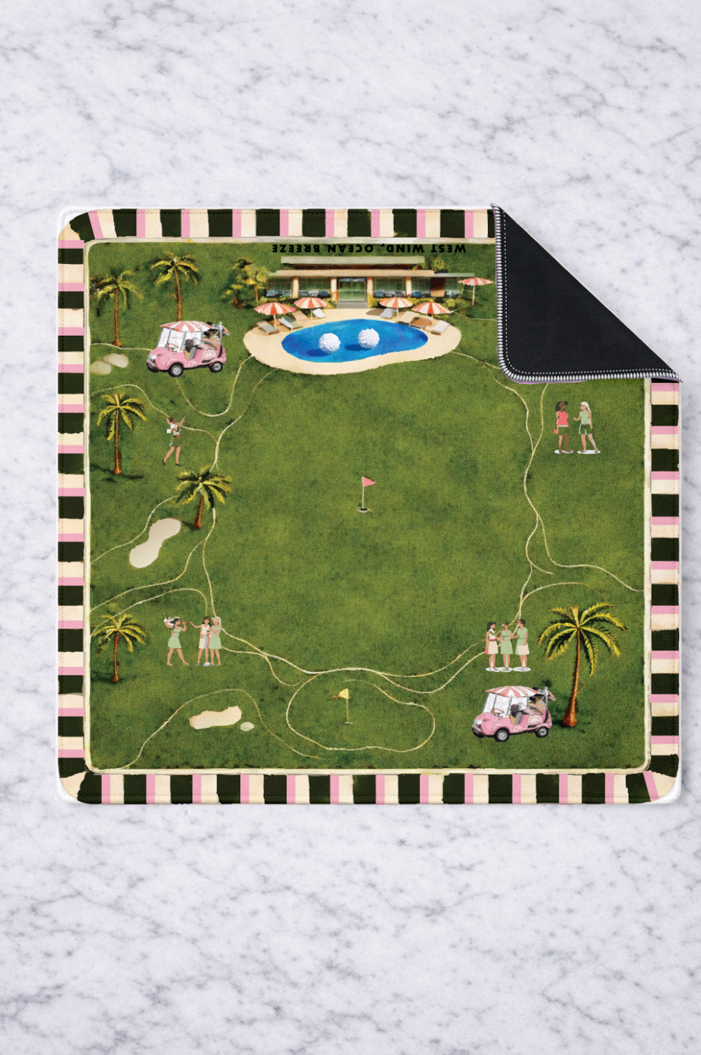 Golf-themed mahjong mat featuring a green landscape design with golf carts and palm trees, measuring 33" x 33".
