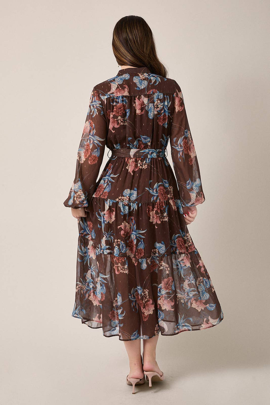 GILLI - ROUND NECK LONG SLEEVE BUTTON UP WAIST TIE FLORAL MIDI DRESS