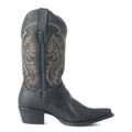 Dark blue leather Fresco boot with engraved designs, 12-inch shaft, pointed toe, and 1.97-inch heel.