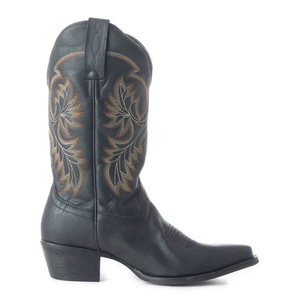 Dark blue leather Fresco boot with engraved designs, 12-inch shaft, pointed toe, and 1.97-inch heel.