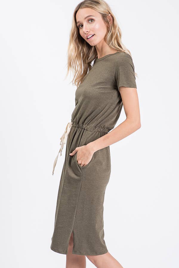 7th Ray - Everyday Drawstring Waist Side Pocket T-Shirt Dress D2465