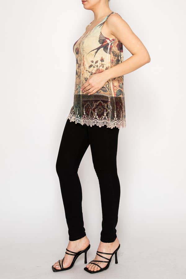 Origami Apparel ~  Lace and Crochet inspired - Soft Relaxed Tank With Delicate Floral Laced Hem - T08BG VINT BIRD