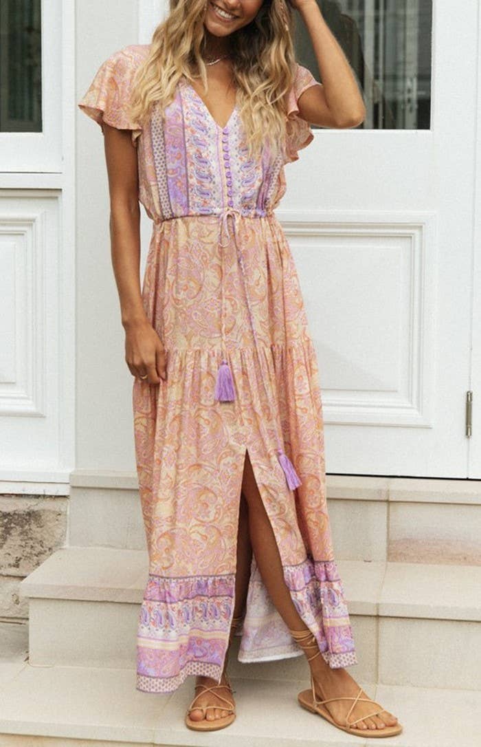 Rosa Clothing - Bohemia Border Print Flutter Sleeve Maxi Dress