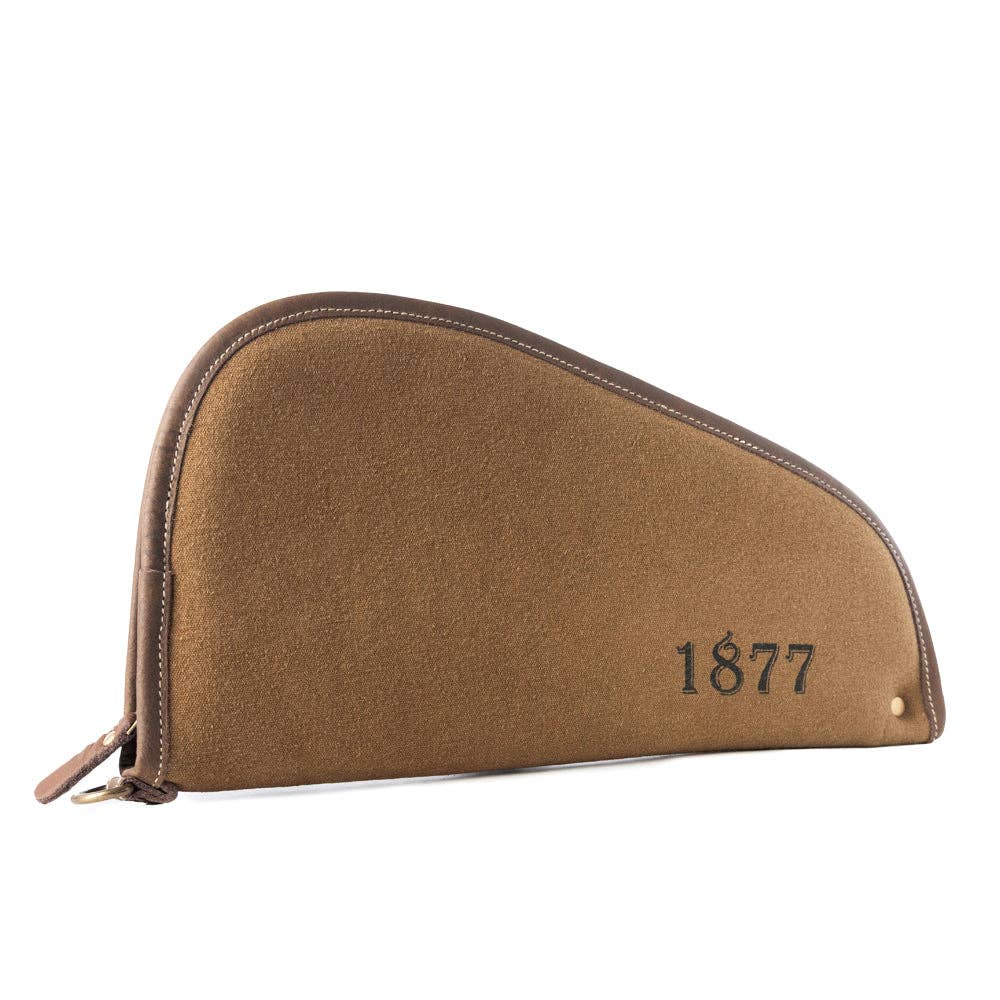 Long curved saddle-range silhouette gun case in antique olive with smooth leather edging and printed 1877 heritage detail.