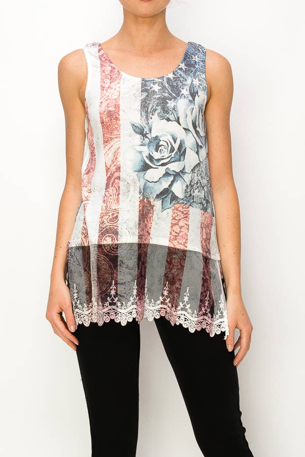 Origami Apparel ~  Lace and Crochet inspired - Soft Relaxed Tank With Delicate Floral Laced Hem - T08IVPATRIOTIC ROSE