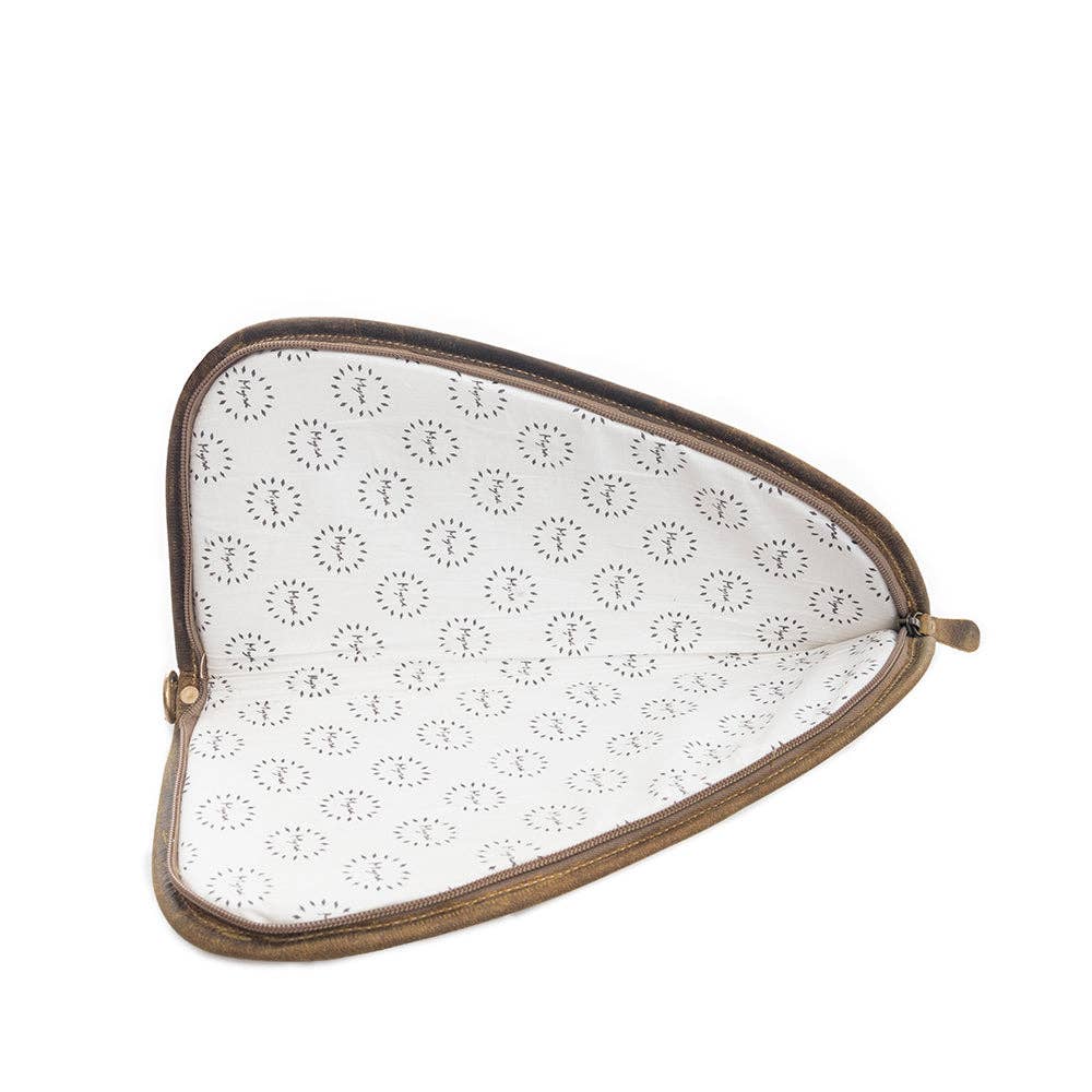 A triangular leather gun case featuring a wrap-around zipper and a patterned interior lining with circular designs.