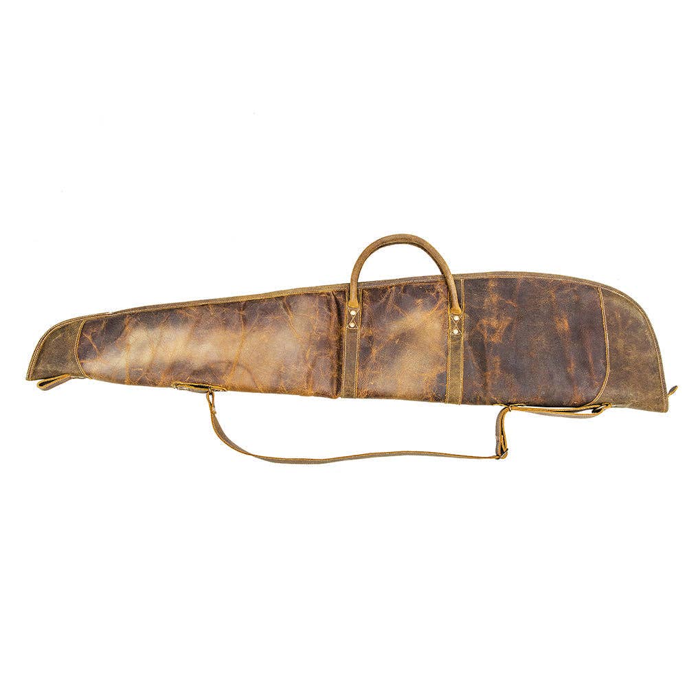 Rugged brown leather gun cover with shoulder strap, carry handle, and zippered pocket for valuables.