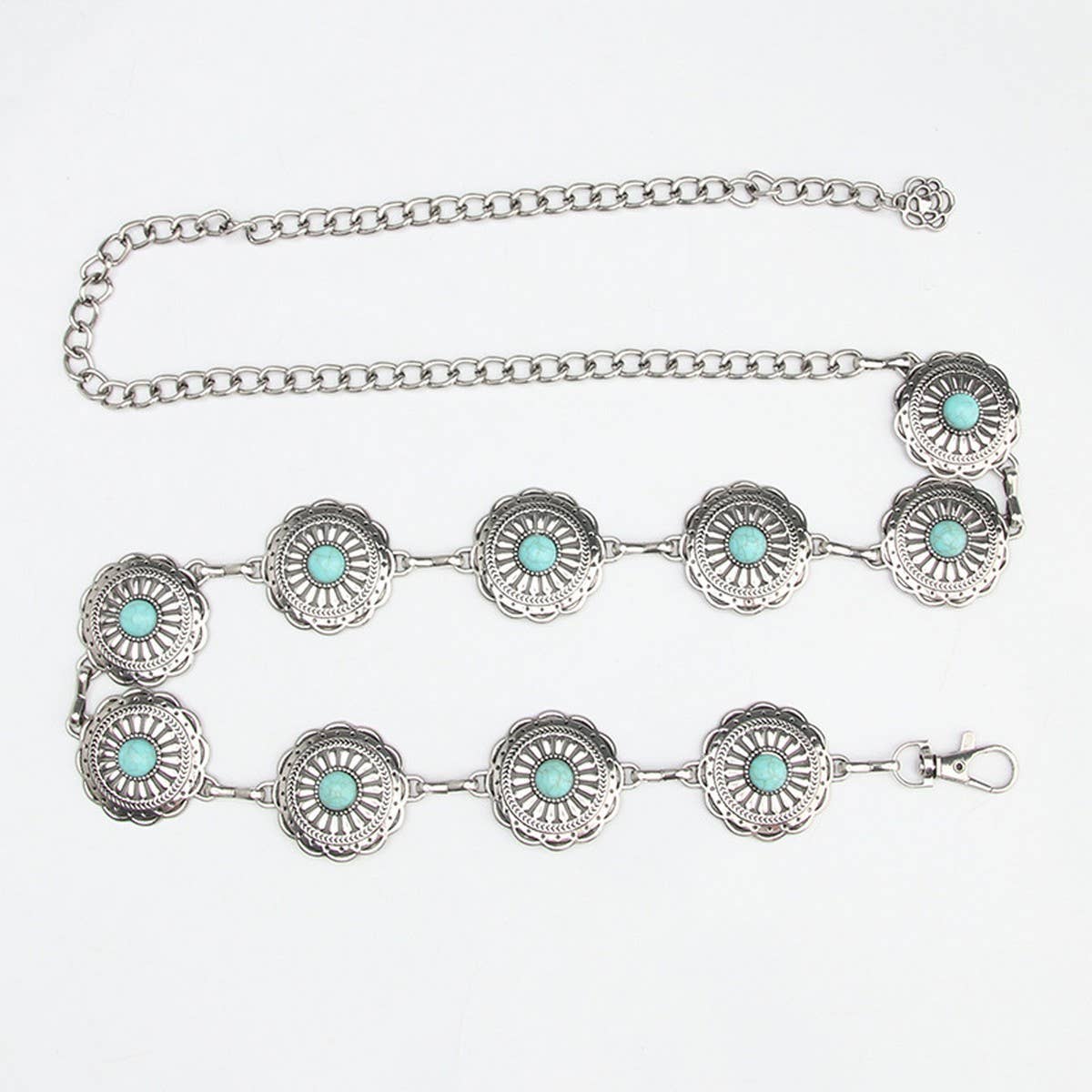 Waist chain belt featuring a vintage pattern with turquoise decorative elements and an adjustable metallic finish.
