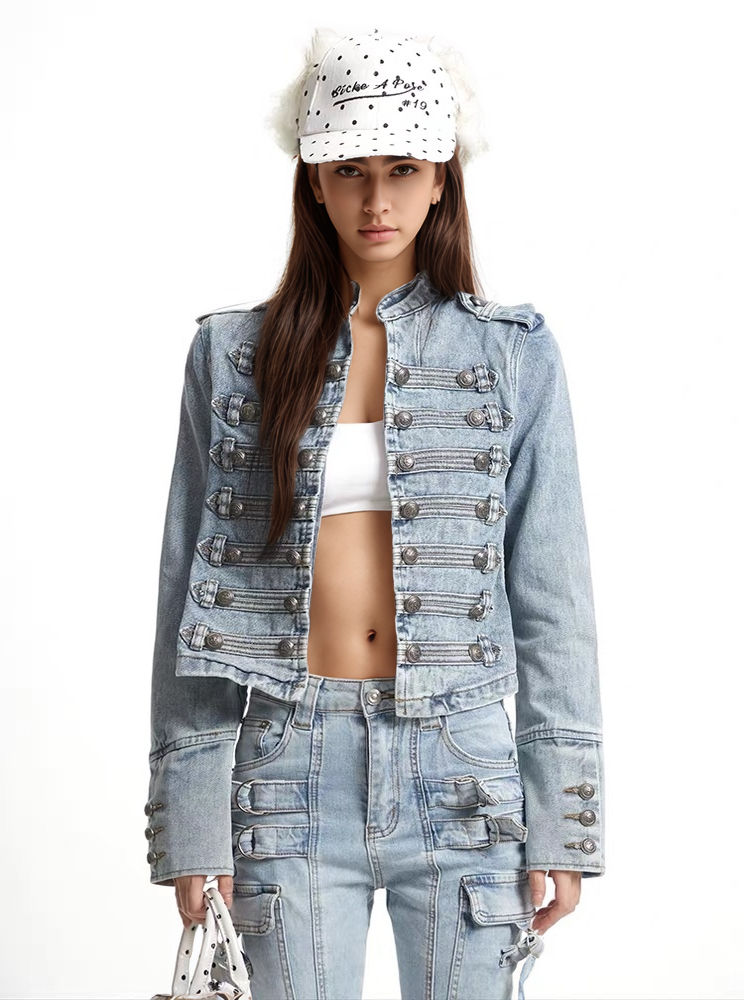 Productseeker - JK99Y Retro Black Washed Denim Straight Shoulder Short Jacke