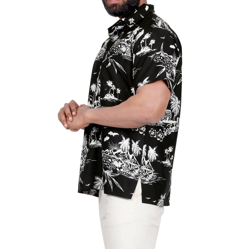 LA LEELA \ HAPPY BAY - Aloha Black Shirt For Men Palm Tree and Island P00004