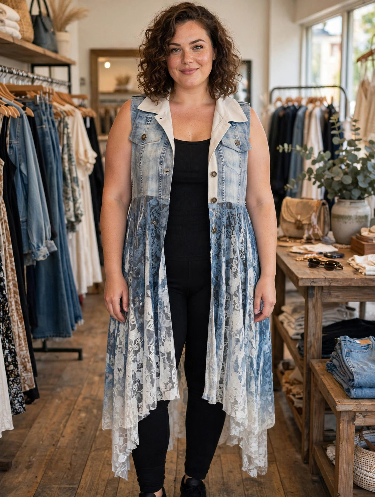Denim Lace Vest featuring a paisley print, sleeveless design, and asymmetrical hemline with a denim base and lace overlay.