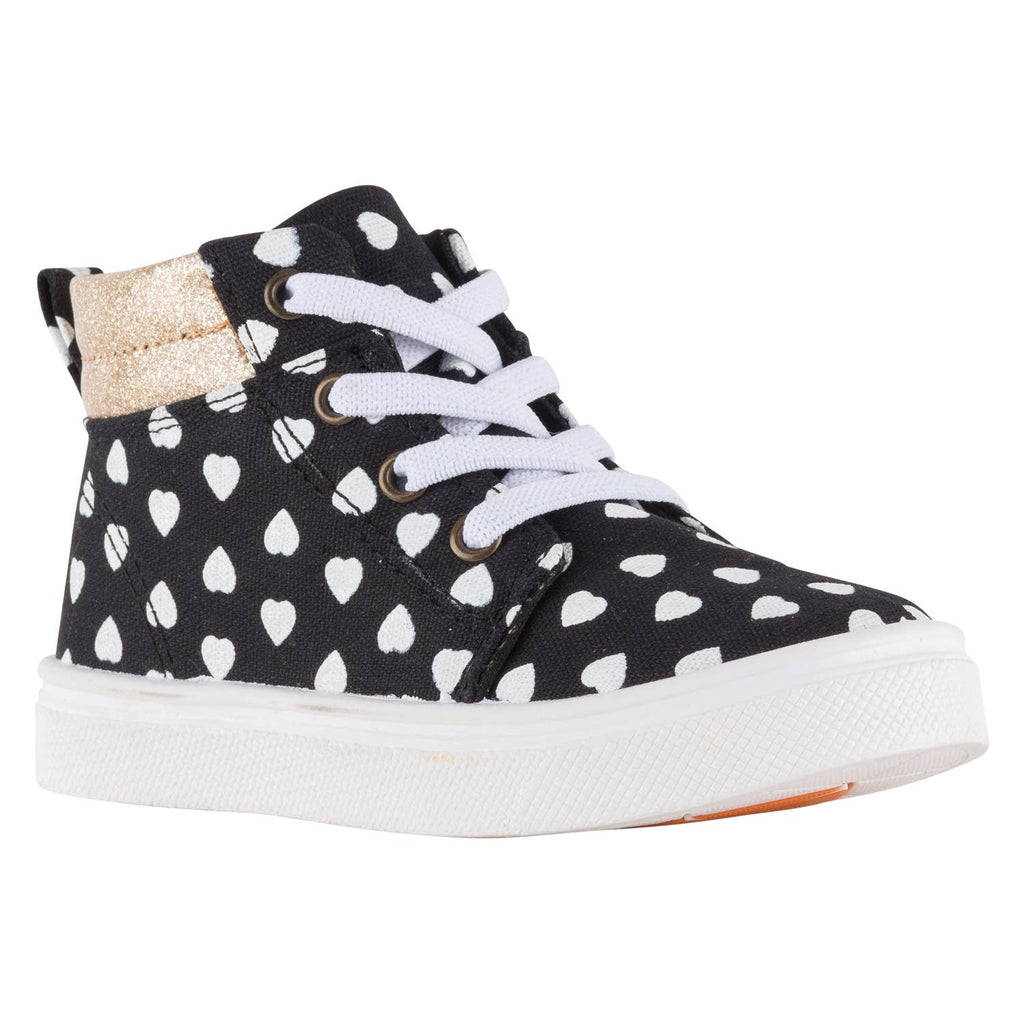 High-top black sneaker with white heart pattern, elastic stretch laces, and gold accent at the heel. Perfect for stylish comfort.