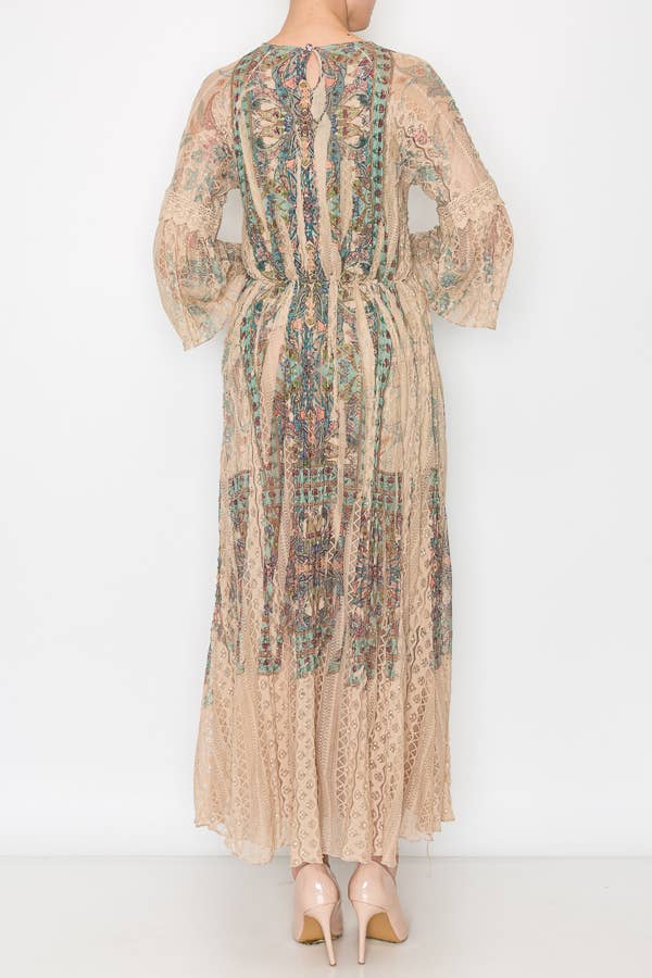 Origami Apparel ~  Lace and Crochet inspired - Romantic Lace Bell-Sleeved A-Line Midi Dress-4658 TP/TURQ