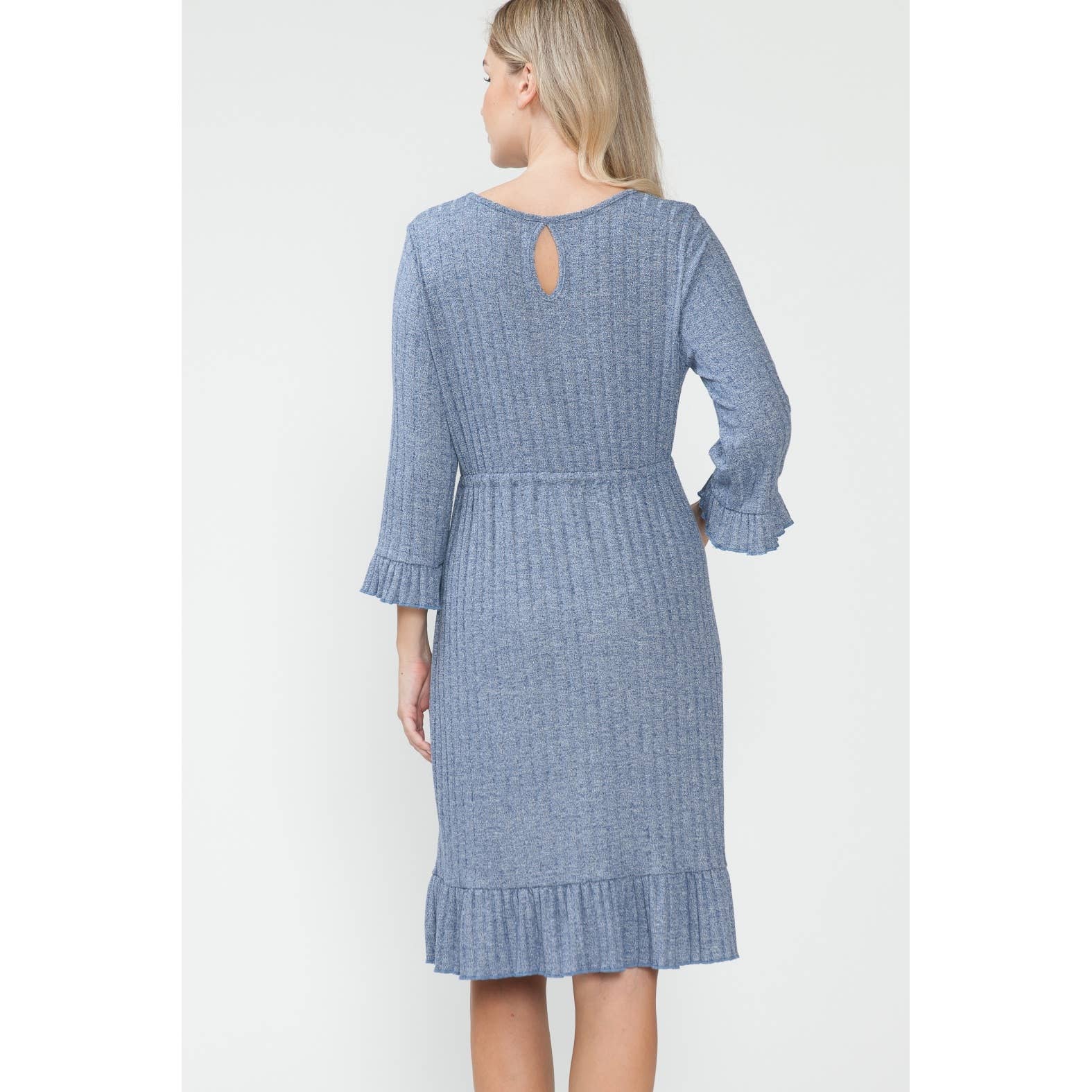 Story Teller - Maternity Waist Tie Ruched Ruffle Rib Midi Knee Length Dress