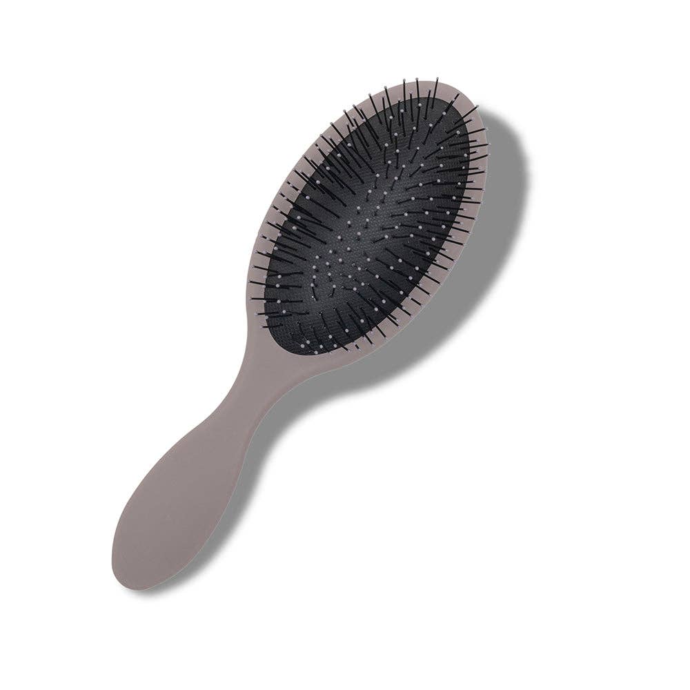Cloud gray hairbrush with full black bristles and an oval shape, featuring unique designs on the back.