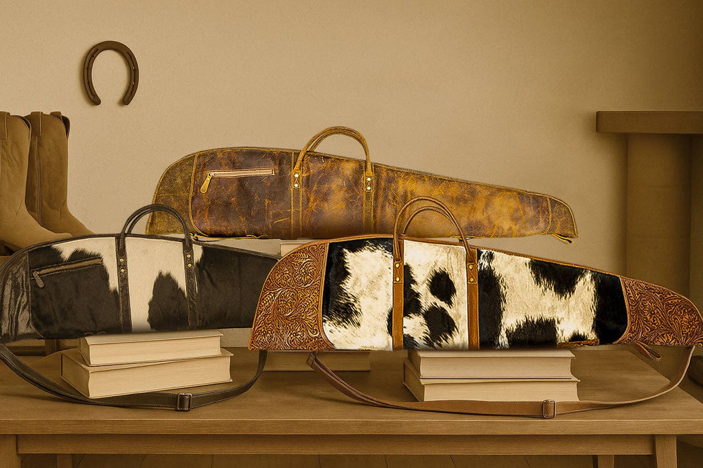 Three rugged leather gun covers with distinct patterns, featuring carry handles and shoulder straps for easy transport.