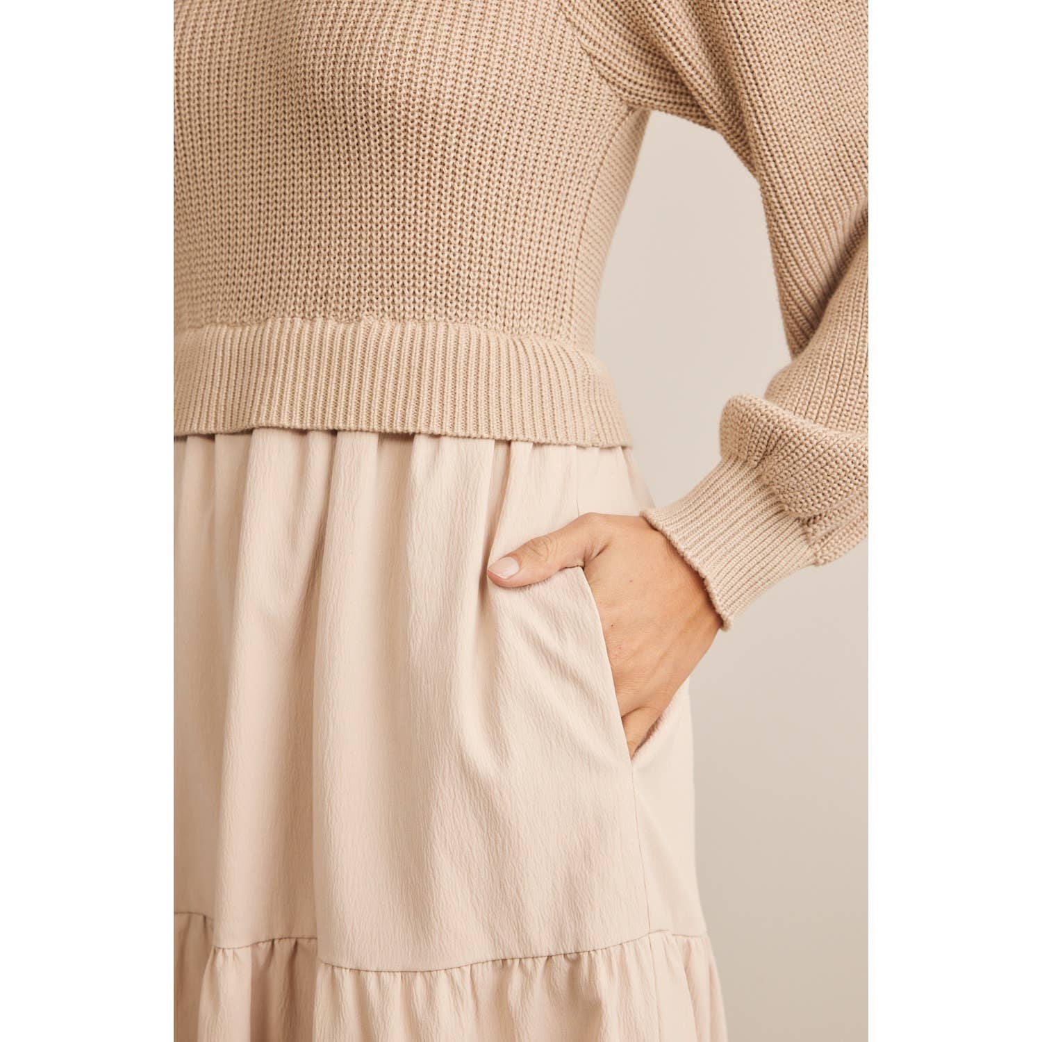 in february - SPECIAL MIXED MEDIA SWEATER MIDI DRESS WITH TIERED RUFFLES