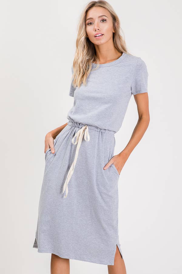 7th Ray - Everyday Drawstring Waist Side Pocket T-Shirt Dress D2465
