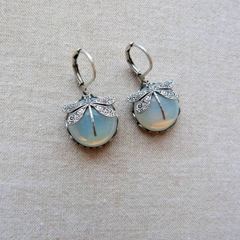 Vintage Dragonfly Green Crystal Drop Earrings
