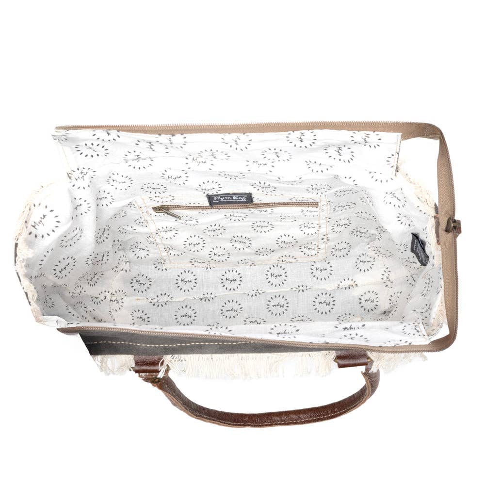 Spacious Leaf Print Small Bag with a zippered pocket and patterned lining, perfect for daily essentials.
