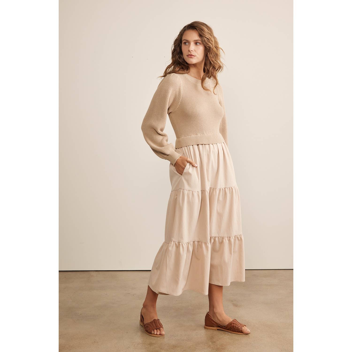 in february - SPECIAL MIXED MEDIA SWEATER MIDI DRESS WITH TIERED RUFFLES