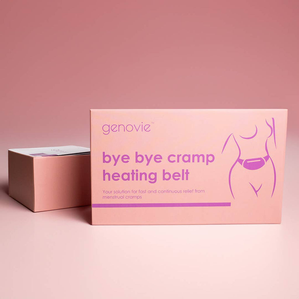Pink box featuring the Bye-Bye Cramps Heating Belt, designed for targeted warmth and drug-free relief from cramps.