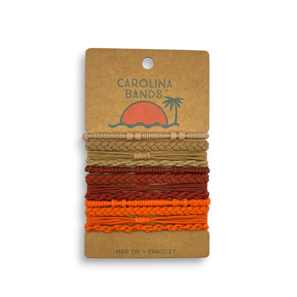Braided hair tie bracelets in beige, brown, and orange displayed on a card featuring a palm tree graphic.