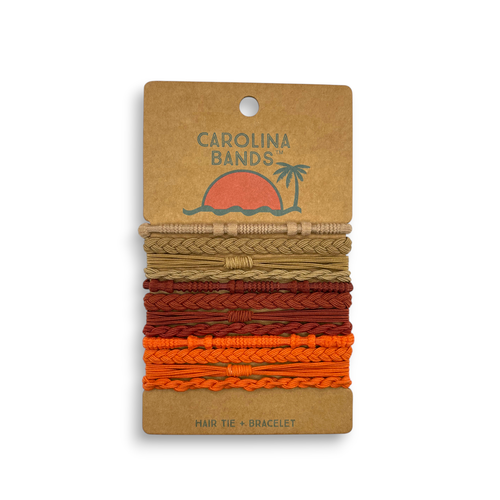 Braided hair tie bracelets in beige, brown, and orange displayed on a card featuring a palm tree graphic.