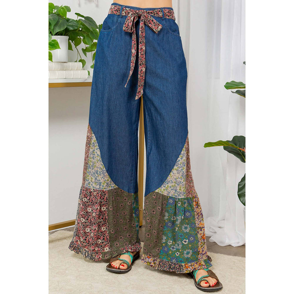 Young Threads - Boho Flare: Overdyed Denim Bellbottom Pants with Printed