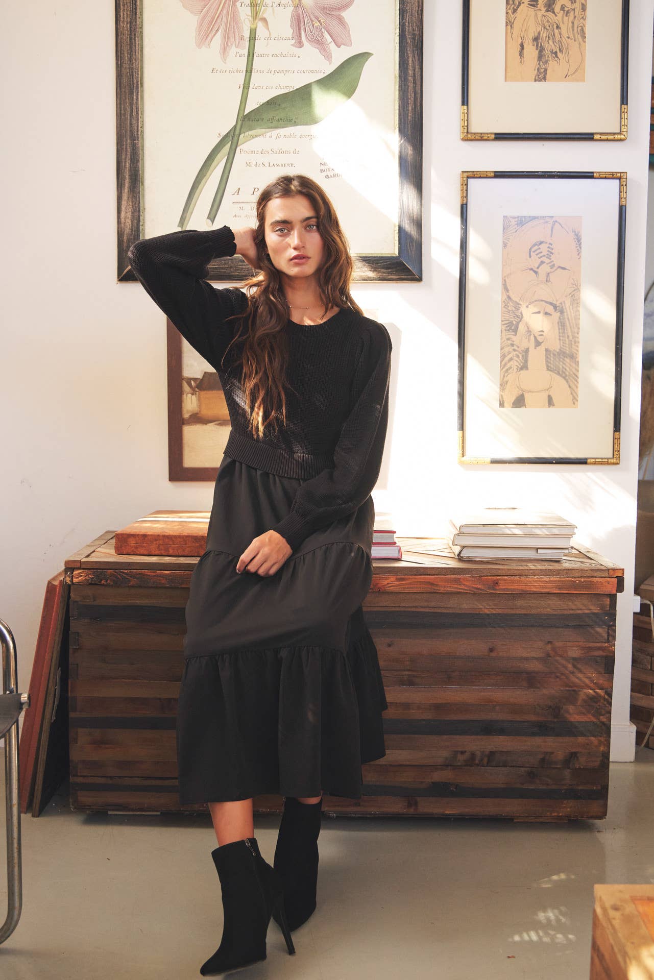 in february - SPECIAL MIXED MEDIA SWEATER MIDI DRESS WITH TIERED RUFFLES