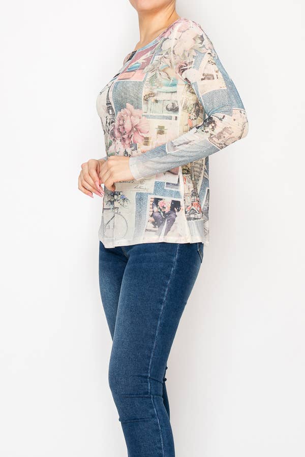 Origami Apparel ~  Lace and Crochet inspired - Sparkly Long Sleeve Sheer Mesh Top – 4847BG PARIS