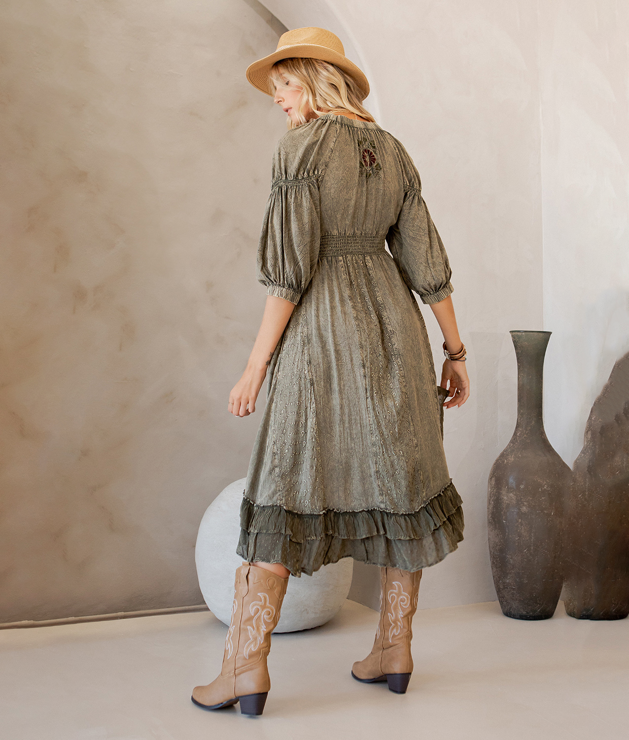 Young Threads - Effortless Elegance: Sheared & Elasticated V-Neck Dress
