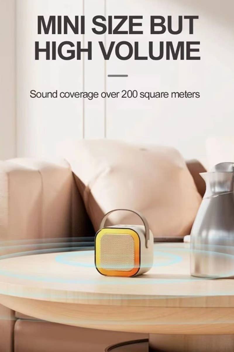 Karaoke Bluetooth Speaker Set with a light-colored body and orange accent, featuring two microphones and LED flashing light.