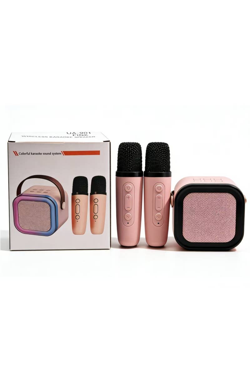 Karaoke Bluetooth Speaker Set featuring a square speaker with buttons and two cylindrical microphones for a fun singing experience.