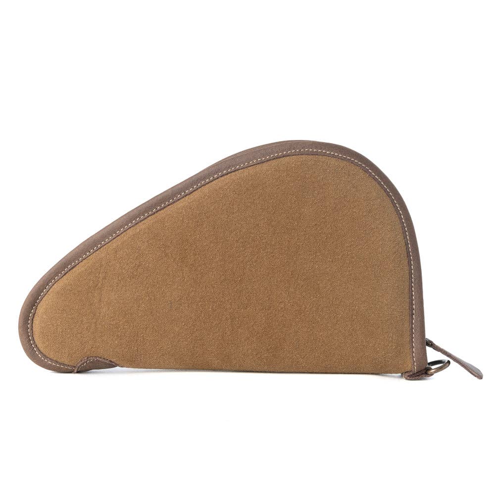 Antique olive cotton leather gun case with a curved silhouette and structured finish, featuring leather edging and zipper closure.