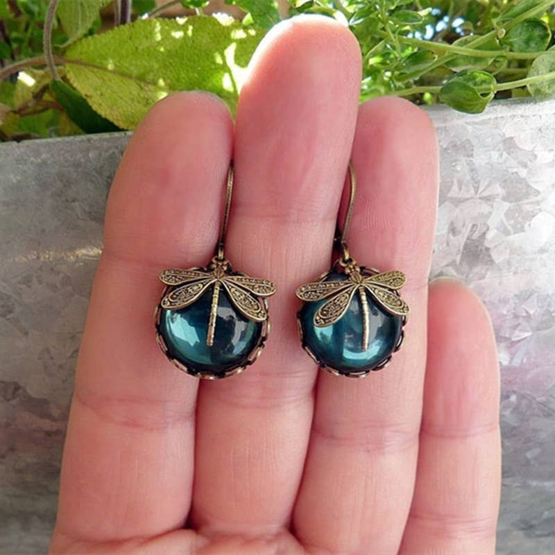 Vintage Dragonfly Green Crystal Drop Earrings