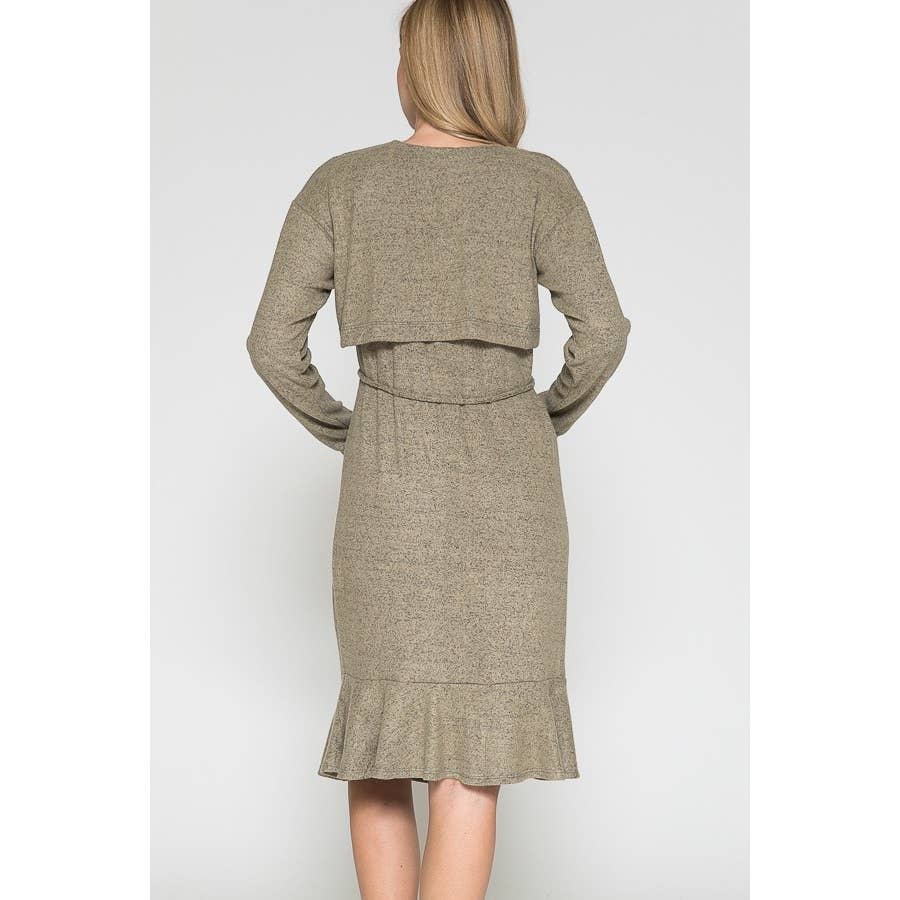 Story Teller - Maternity Waist Tie Wrap Ruffle Hem Knee Length Rib Dress