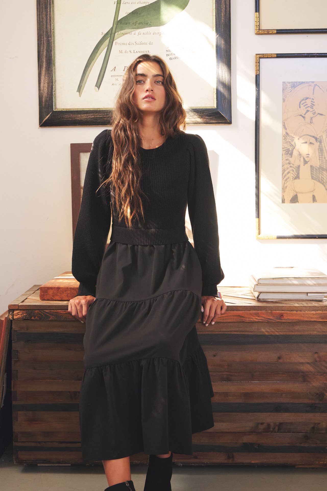 in february - SPECIAL MIXED MEDIA SWEATER MIDI DRESS WITH TIERED RUFFLES
