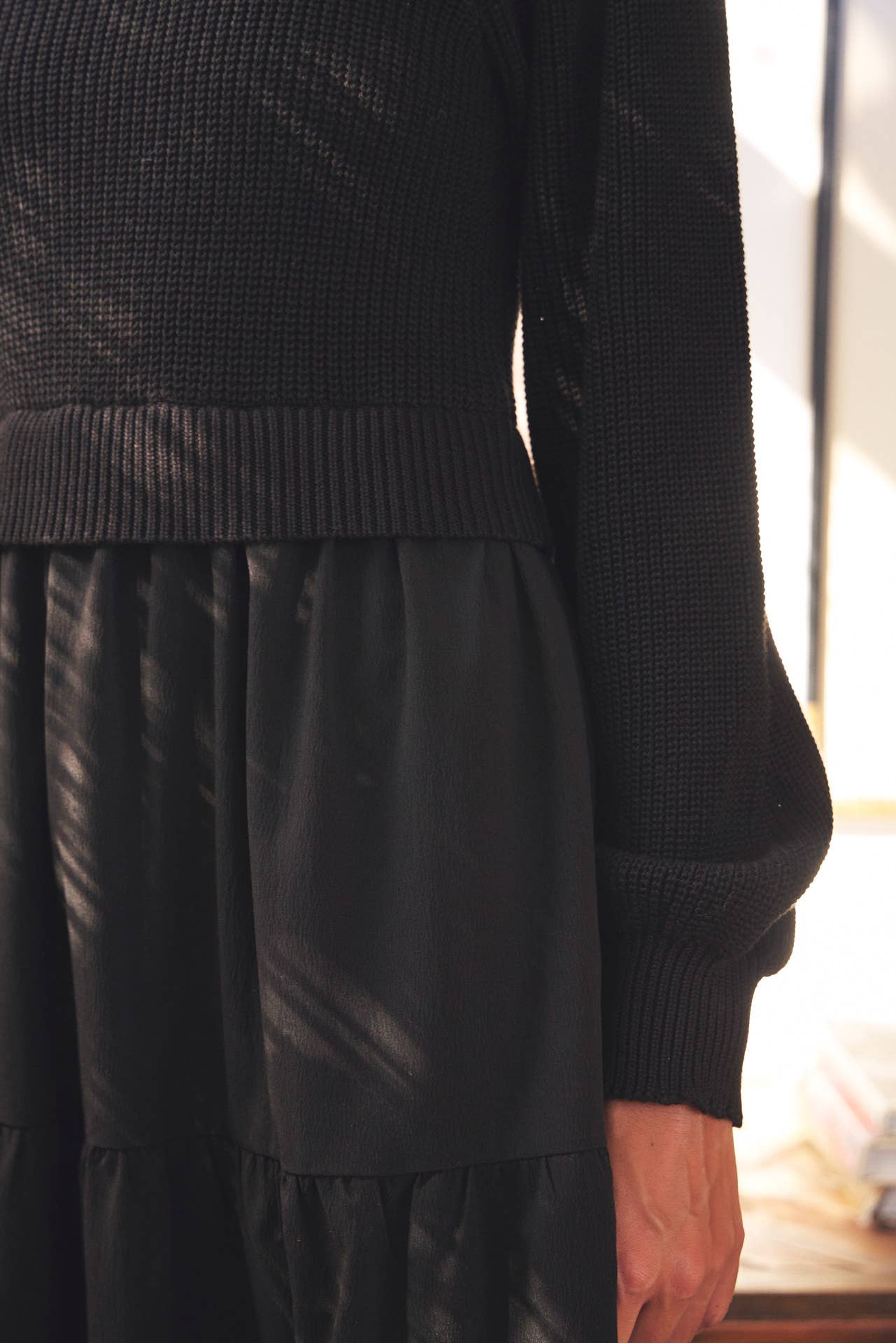 in february - SPECIAL MIXED MEDIA SWEATER MIDI DRESS WITH TIERED RUFFLES