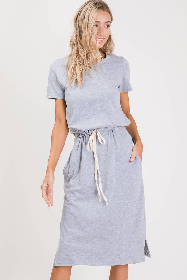 7th Ray - Everyday Drawstring Waist Side Pocket T-Shirt Dress D2465