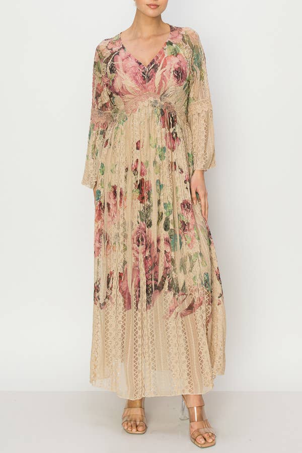Origami Apparel ~  Lace and Crochet inspired - Romantic Lace Bell-Sleeved A-Line Midi Dress-4658TP-BIG ROSE
