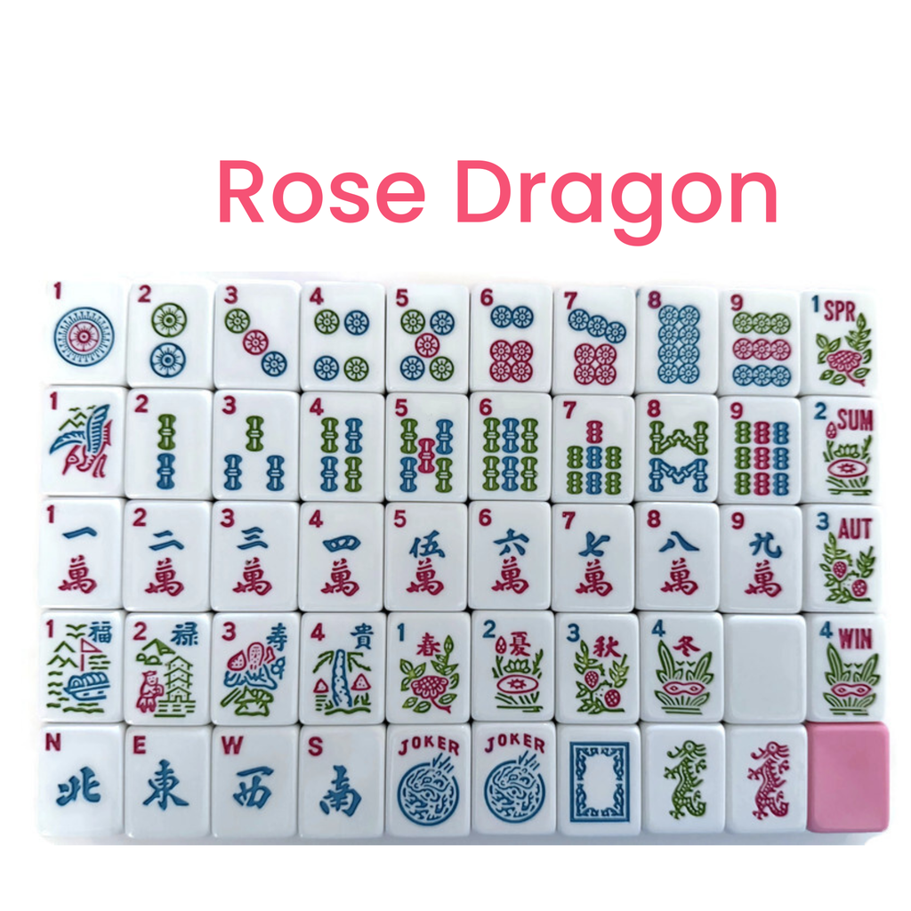 Bright pink Mahjong tile set featuring bamboo, dot, and crack designs, including numbered tiles and a 'JOKER' tile.