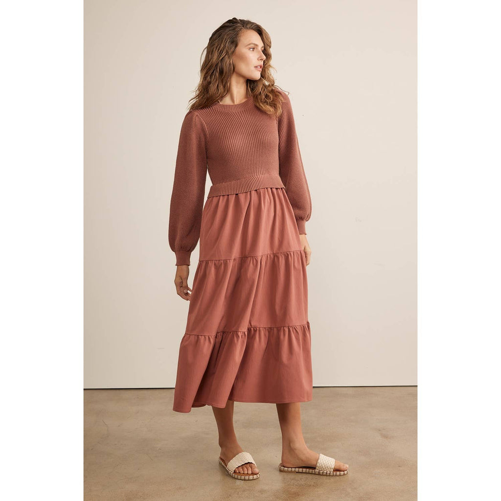 in february - SPECIAL MIXED MEDIA SWEATER MIDI DRESS WITH TIERED RUFFLES