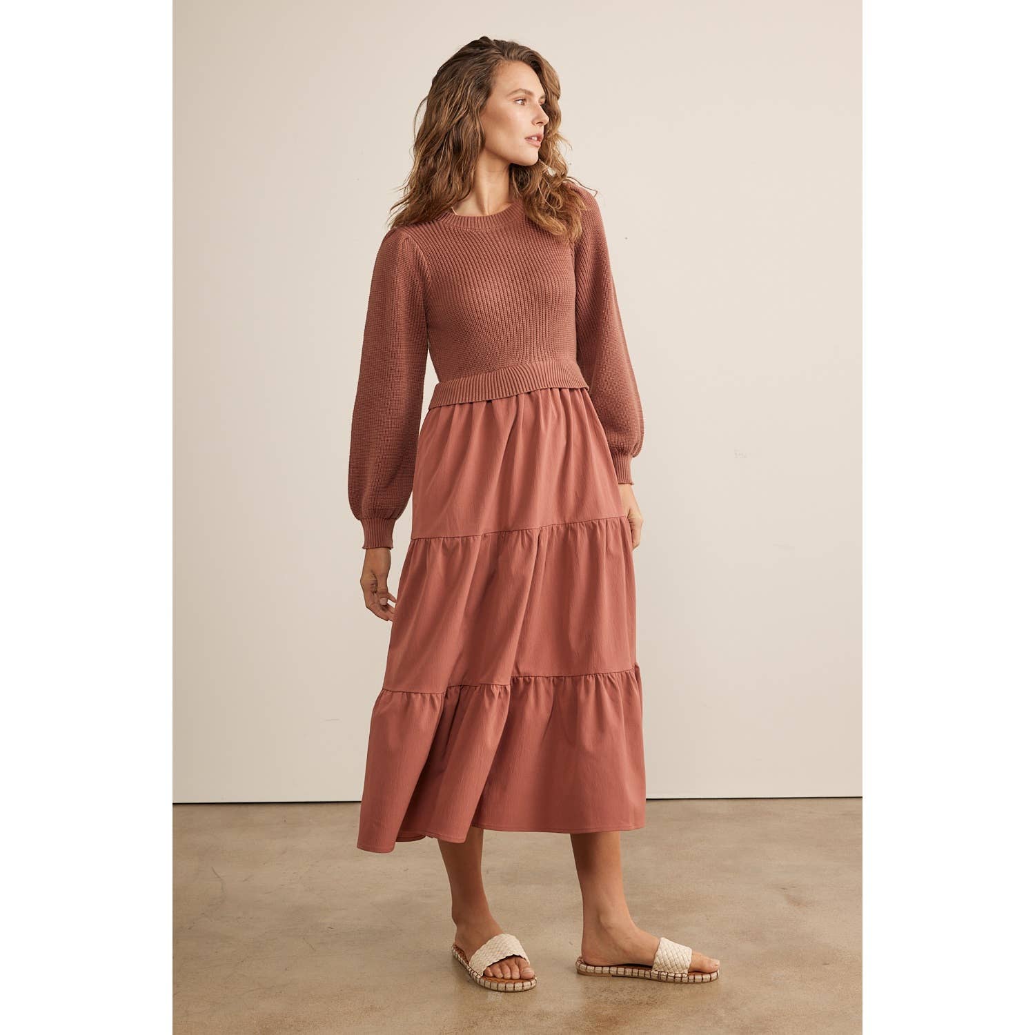 in february - SPECIAL MIXED MEDIA SWEATER MIDI DRESS WITH TIERED RUFFLES
