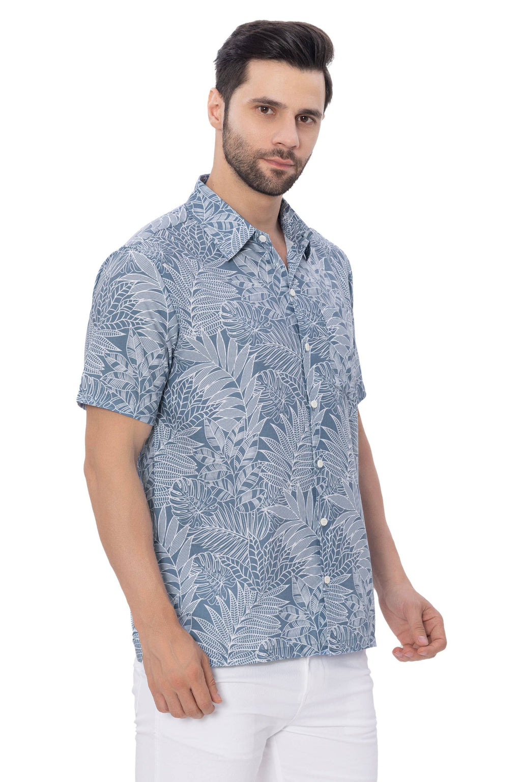 LA LEELA \ HAPPY BAY - HAPPY BAY Mens Hawaiian Shirts White Tropical Leafs P00372