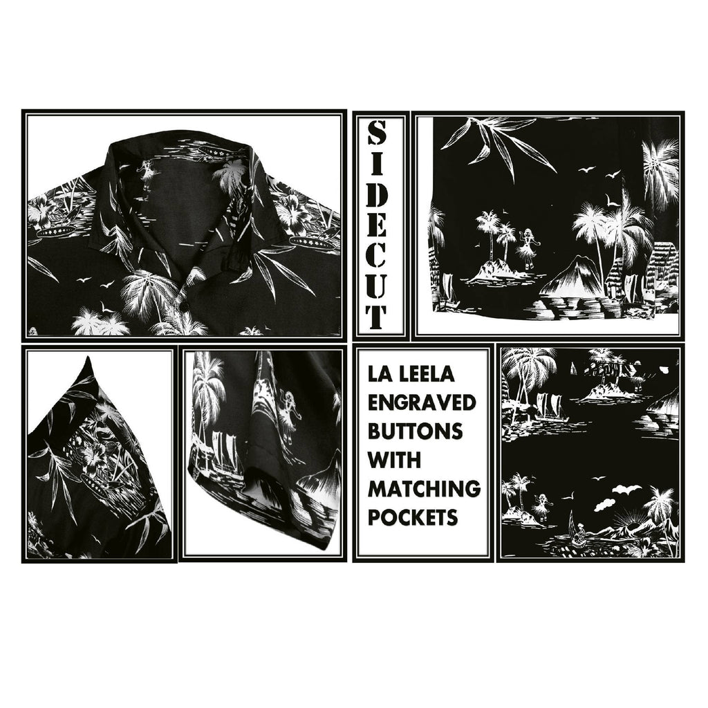 LA LEELA \ HAPPY BAY - Aloha Black Shirt For Men Palm Tree and Island P00004