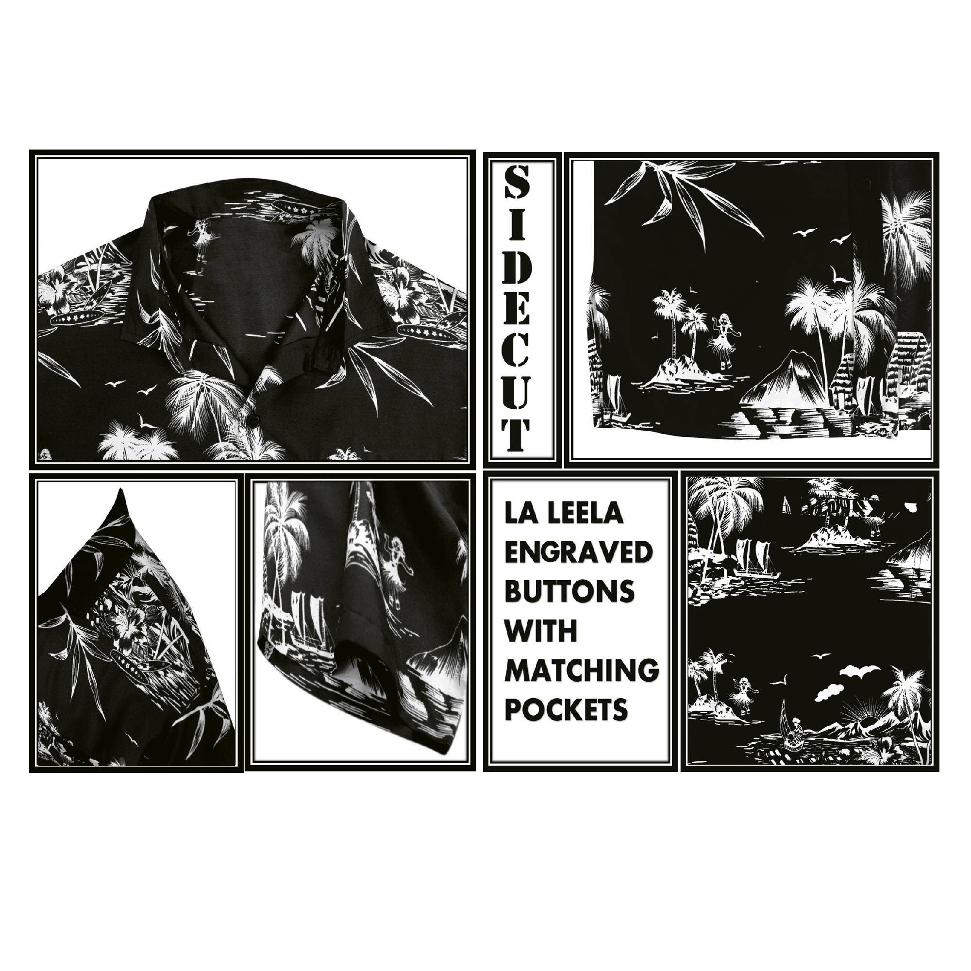 LA LEELA \ HAPPY BAY - Aloha Black Shirt For Men Palm Tree and Island P00004